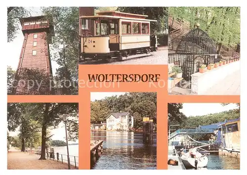 AK / Ansichtskarte 73858982 Woltersdorfer_Schleuse Aussichtsturm Strassenbahn Liebesquelle Strandpromenade Muehlenteich Schleuse Woltersdorfer_Schleuse