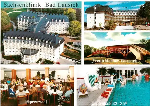 AK / Ansichtskarte  Bad_Lausick Sachsenklinik Fliegeraufnahme Freilichtbuehne Kurpark Speisesaal Hallenbad Bad_Lausick