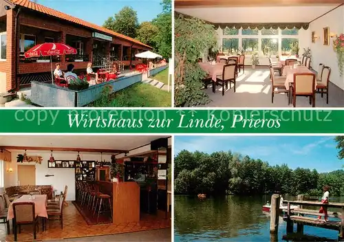 AK / Ansichtskarte 73859205 Prieros Wirtshaus zur Linde Terrasse Gastraum Bar Bootssteg Prieros