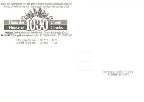 AK / Ansichtskarte 73859382 Gremmelsbach_Triberg Haus der 1000 Uhren Groesste handgeschnitzte Kuckucksuhr 