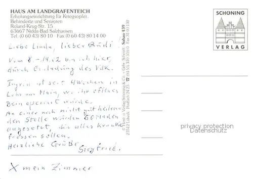 AK / Ansichtskarte  Bad_Salzhausen Haus am Landgrafenteich Erholungsheim fuer Kriegsopfer Aufenthaltsraum Restaurant Bad_Salzhausen