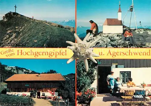 AK / Ansichtskarte 73859454 Unterwoessen Agerschwend-Alm Almwirtschaft Hochgerngipfel Gipfelkreuz Bergkapelle Edelweiss Unterwoessen