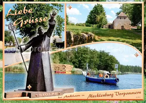 AK / Ansichtskarte  Stolpe_Anklam Moench Statue Klosterruine Faehre ueber die Peene Stolpe_Anklam