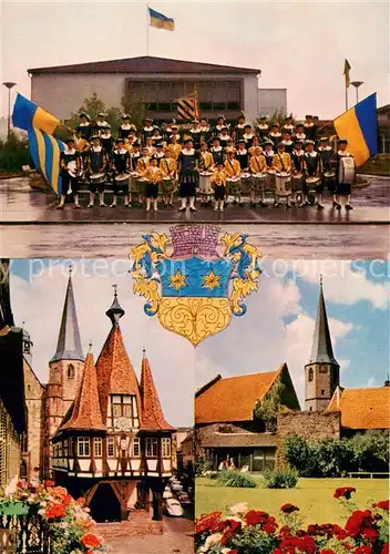 AK / Ansichtskarte  Michelstadt Fanfarenzug vor der Odenwaldhalle Rathaus Partie im Stadtgarten Wappen Michelstadt