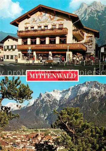 AK / Ansichtskarte 73859628 Mittenwald_Bayern Geschenkhaus Neuner Blick gegen Karwendelgebirge Mittenwald Bayern