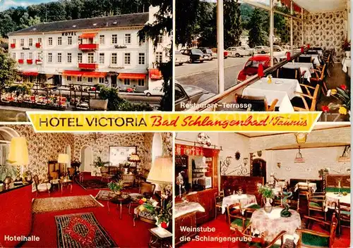 AK / Ansichtskarte  Bad_Schlangenbad_Taunus Hotel Victoria Restaurant Terrasse Hotelhalle Weinstube die Schlangengrube Bad_Schlangenbad_Taunus