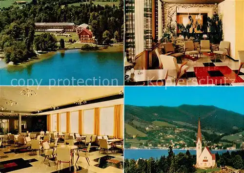 AK / Ansichtskarte  Bad_Wiessee_Tegernsee Haus Hubertus Gaststube Speisesaal Kirche Seepartie Bad_Wiessee_Tegernsee