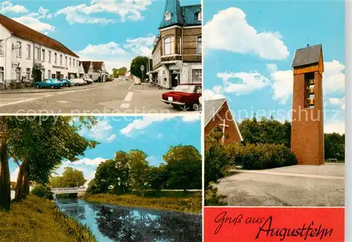 AK / Ansichtskarte 73860189 Augustfehn Hauptstrasse Kirche Glockenturm Partie am Wasser Augustfehn