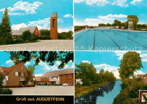 AK / Ansichtskarte 73860191 Augustfehn Teilansichten Kirche Freibad Partie am Fluss Augustfehn