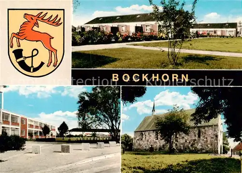 AK / Ansichtskarte 73860193 Bockhorn_Friesland Wappen Wohnhaeuser Schule Kirche Bockhorn_Friesland