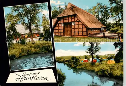 AK / Ansichtskarte 73860197 Huntlosen Teilansichten Bauernhof Reetdach Campingplatz am Fluss Huntlosen