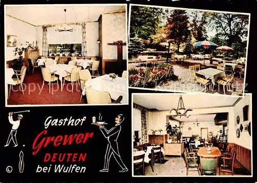 AK / Ansichtskarte Deuten Gasthof Grewer Gastraum Gartenterrasse Deuten