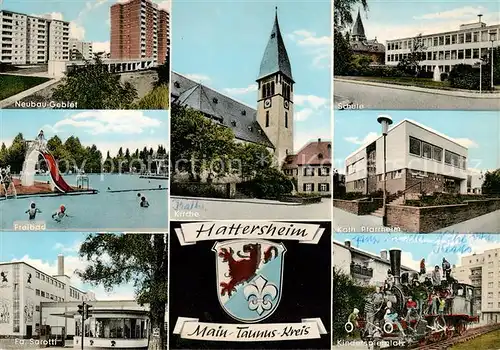 AK / Ansichtskarte Hattersheim_Main Neubaugebiet Freibad Firma Sarotti Kirche Schule Pfarrheim Kinderspielplatz Hattersheim Main