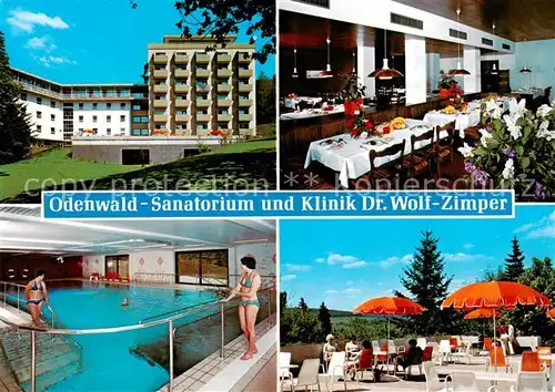 AK / Ansichtskarte Bad_Koenig_Odenwald Odenwald Sanatorium und Klinik Dr Wolf Zimper Hallenbad Terrasse Gastraum Bad_Koenig_Odenwald