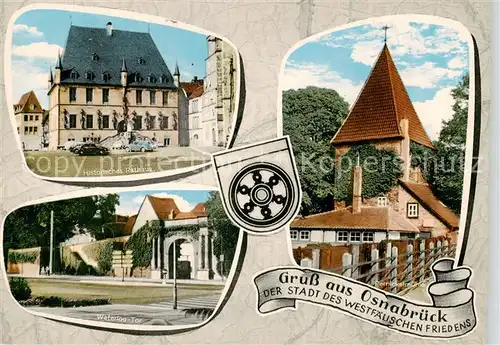 AK / Ansichtskarte Osnabrueck Die Stadt des westfaelischen Friedens Historisches Rathaus Waterloo Tor Muehle Osnabrueck