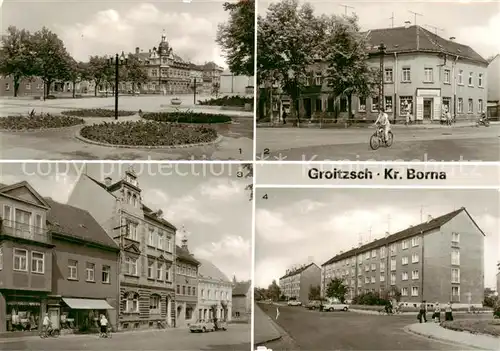 AK / Ansichtskarte Groitzsch_Borna Platz des Friedens Linden Drogerie Teilansicht Neubaugebiet Groitzsch Borna