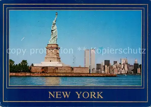 AK / Ansichtskarte New_York_City The Statue of Liberty with the lower New York and Twin Towers New_York_City