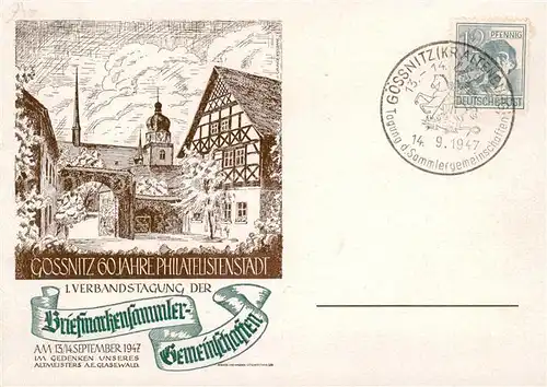 AK / Ansichtskarte  Goessnitz__Thueringen 60 Jahe Philatelistenstadt 1. Verbandstagung der Briefmarkensammler-Gemeinschaften Kuenstlerkarte Sonderstempel 