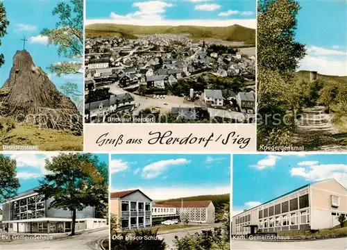 AK / Ansichtskarte  Herdorf_Sieg Panorama Druidenstein Kriegerdenkmal Gemeindehaus Schule Herdorf Sieg