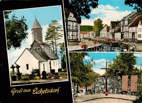AK / Ansichtskarte 73861415 Eichelsdorf_Hessen Kirche Ortszentrum am Bach Ehrenmal Kreuz Eichelsdorf Hessen