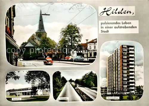 AK / Ansichtskarte 73861420 Hilden__Mettmann Kirche Realschule Autobahn Wohnhochhaus 
