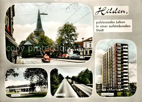 AK / Ansichtskarte  Hilden__Mettmann Kirche Realschule Autobahn Wohnhochhaus 