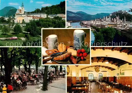 AK / Ansichtskarte  Salzburg__AT Augustiner Braeustuebl Gartenwirtschaft Brotzeit Speisesaal Kirche Schloss Panorama 