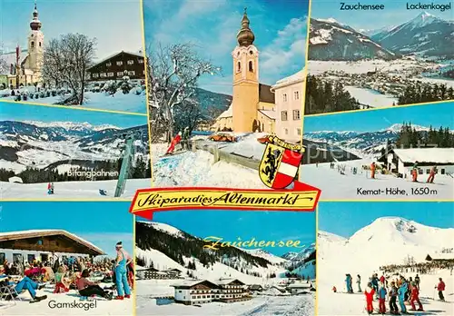 AK / Ansichtskarte 73861448 Altenmarkt_Zauchensee_AT Bifangbahnen Pfarrkirche Zauchensee Gamskogel Kemat Hoehe Skischule 