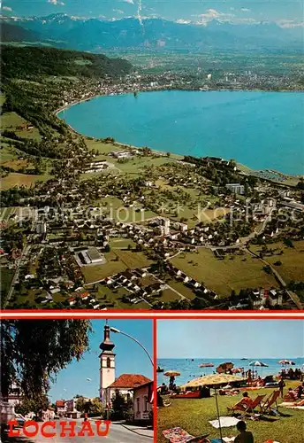 AK / Ansichtskarte  Lochau_Bregenz_Vorarlberg Panorama Schweizer Alpen Ortsmotiv mit Kirche Badestrand am Bodensee Lochau_Bregenz_Vorarlberg