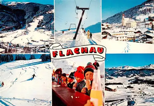 AK / Ansichtskarte  Flachau Fliegeraufnahme Schlepplift Kirche Skipiste Panorama Flachau