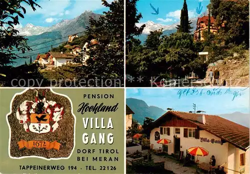 AK / Ansichtskarte 73862268 Dorf-Tirol_Suedtirol_IT Pension Hochland Villa Gang Wappen Panorama 