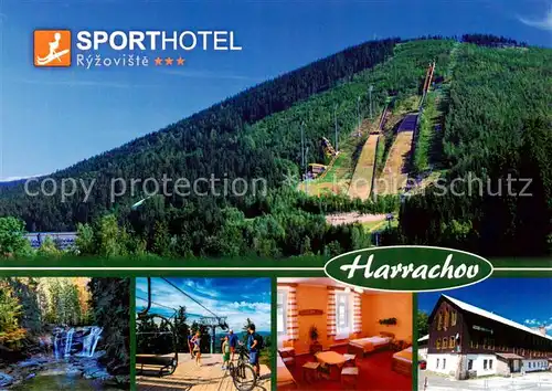 AK / Ansichtskarte 73862305 Harrachov_Harrachsdorf_CZ Sporthotel Ryzoviste Bergbahn Wasserfall Skisprungschanze 