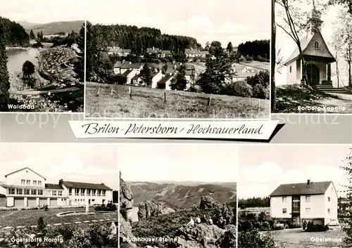 AK / Ansichtskarte 73862337 Petersborn_Brilon Waldbad Teilansichten Borberg-Kapelle Gaststaette Bruchhauser Steine Felsen Gaestehaus 