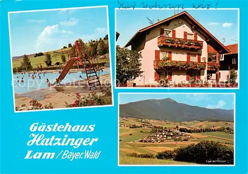 AK / Ansichtskarte 73862374 Lam_Oberpfalz Freibad Gaestehaus Hatzinger Panorama Blick gegen Osser Lam_Oberpfalz