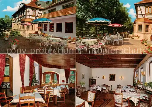 AK / Ansichtskarte 73862546 Mespelbrunn Schlossgaststaette Cafe Pension Mespelbrunn Gastraeume Terrasse Mespelbrunn