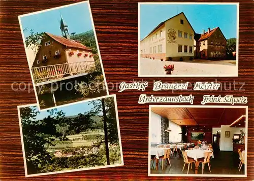 AK / Ansichtskarte 73862560 Unterzaunsbach Gasthof Brauerei Meister Gastraum Kirchturm Panorama Fraenkische Schweiz Unterzaunsbach