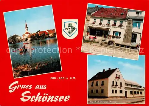 AK / Ansichtskarte 73862579 Schoensee_Oberpfalz Uferpartie am Wasser Kriegerdenkmal Gasthof Pension Weniger 