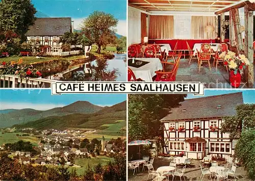 AK / Ansichtskarte  Saalhausen_Sauerland Café Heimes Gastraum Terrasse Panorama Saalhausen_Sauerland