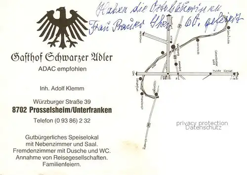 AK / Ansichtskarte 73862662 Prosselsheim Gasthof Schwarzer Adler Gaestezimmer Saal Prosselsheim