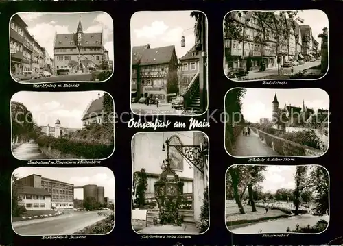 AK / Ansichtskarte  Ochsenfurt Marktplatz Rathaus Taubenturm Zuckerfabrik Franken Rathaustreppe mit Madonna Taufbecken Schwimmbad Nikolaus und dicker Turm Hauptstrasse Ochsenfurt