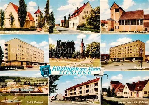 AK / Ansichtskarte 73862671 Kitzingen_Main Siedlung Kath Kirche Postamt Ev Kirche Hochhaus Falterturm Hochhaus Staedt Freibad Boehmerwald Strasse Jugendheim Kitzingen Main