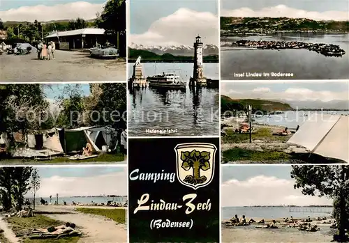 AK / Ansichtskarte 73862689 Zech_Lindau_Bodensee Campingplatz Lindau Zech Teilansichten Hafeneinfahrt Insel Lindau Bodensee Strandpartien 