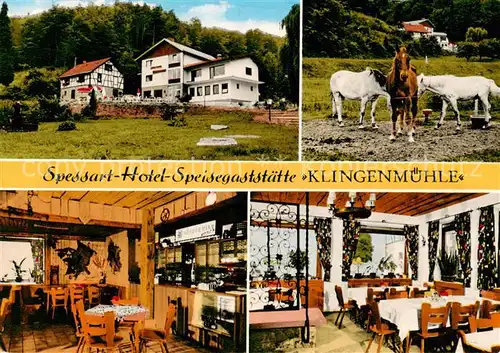 AK / Ansichtskarte 73862692 Gemuenden__Main Spessart Hotel Speisegaststaette Klingenmuehle Gastraeume Pferde 