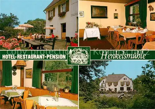 AK / Ansichtskarte  Merkenfritz_Hirzenhain Hotel Restaurant Pension Henkelsmuehle Terrasse Gastraeume 