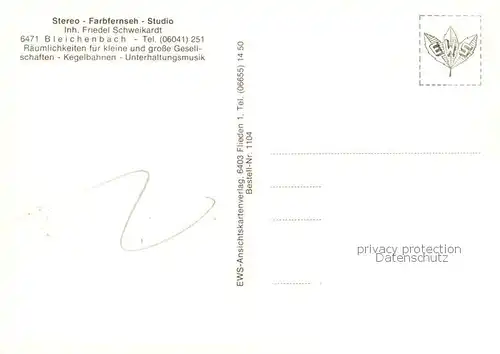AK / Ansichtskarte 73862865 Bleichenbach_Hessen Stereo Farbfernseh Studio Saal Kegelbahnen Gastraum Bleichenbach_Hessen