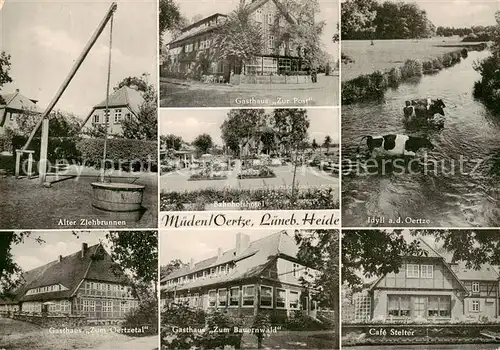 AK / Ansichtskarte  Mueden_oertze Alter Ziehbrunnen Gasthaus Zum Oertzetal Gasthaus Zur Post Bahnhofshotel Gasthaus Zum Bauernwald Oertzepartie Cafe Stelter Mueden oertze