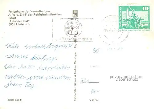 AK / Ansichtskarte 73863000 Hinternah Ferienheim der Verwaltungen A, W u. S+F der Reichsbahndirektion Erfurt Friedrich List Hinternah