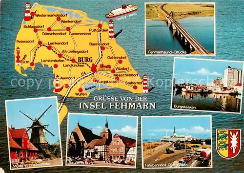 AK / Ansichtskarte  Insel_Fehmarn Muehle in Lemkenhafen Kirche in Burg Faehrbahnhof Puttgarden Burgstaaken Fehmarnsund Bruecke Insel Fehmarn