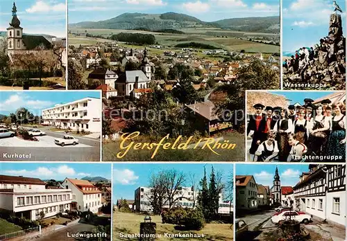 AK / Ansichtskarte 73863178 Gersfeld_Rhoen Kirche Kurhotel Fliegeraufnahme Wasserkuppe Trachtengruppe LUdwigsstift Sanatorium Krankenhaus Gersfeld Rhoen