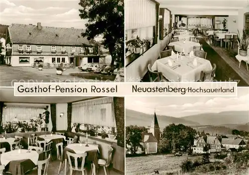 AK / Ansichtskarte 73863270 Neuastenberg Gasthof Pension Rossel Gastraum Ortsansicht mit Kirche Neuastenberg